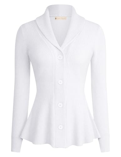 Damen Strickjacke Langarm Reverskragen Casual Elegant Strickcardigan A-Linie mit Rüschensaum Helles Weiß L von Belle Poque