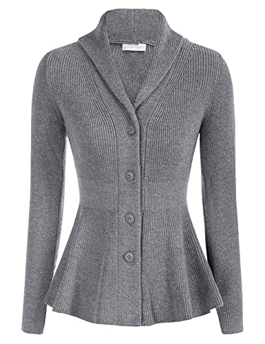 Damen Strickjacke Retro Elegant Lässig Lange Ärmel Schalkragen Rüschensaum A-Linie Strickmantel Grau XL von Belle Poque