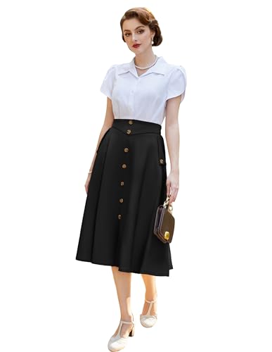 Damen Swing Party Rock mit Schlitz Elegante Midirock mit Schlitz Hohe Taille A-Linie Rock mit Schlitzen Schwarz M BP0945S24-01 von Belle Poque