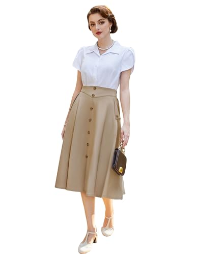 Damen Vintage 50s Swing Rock mit Schlitz Elegante Party Rock Hohe Taille A-Linie Rock mit Hohe Taille Eleganter A-Linie Rock Kamel L BP0945S24-04 von Belle Poque