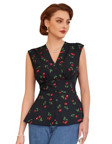 Damen Vintage Bluse Ärmellos V-Ausschnitt Tank Tops A-Linie Basic Oberteile Sommer Strand Kirschmuster M von Belle Poque