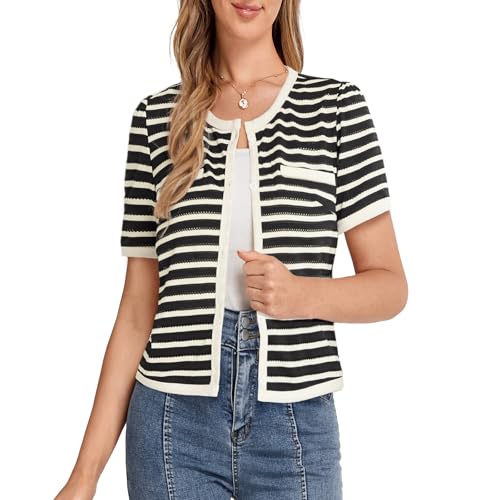 Damen Vintage Bolerojacke Elegant Rundhals mit Button-Down Cardigan Schwarz und Aprikose XXL von Belle Poque