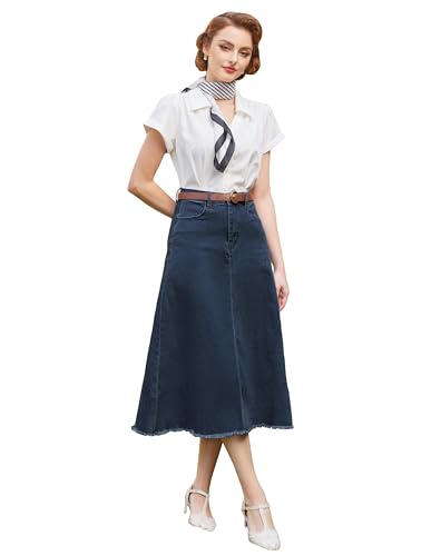 Damen Vintage Langer Rock mit Schlitz High Waist A-Linie Rock Hoch Taille Fischschwanzrock A-Linie Jeansrock mit Farbverlauf Marineblau M von Belle Poque