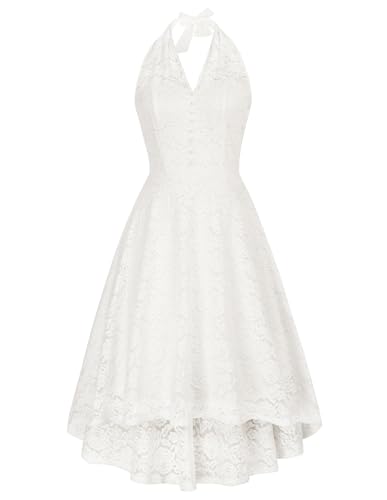 Damen Vintage Spitzenkleid Neckholder A-Linie Cocktailkleid Ärmellos V-Ausschnitt Abendkleid Hochzeit Weiß L von Belle Poque