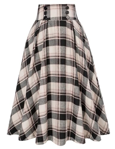 Eleganter Damen-Rock mit hoher Taille elastischer Taille geflochten ausgestellter A-Linien-Rock cremefarben rot kariert XXL von Belle Poque