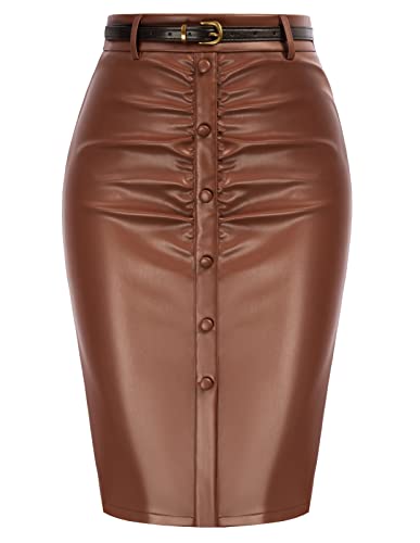 Eleganter Gerüschter Damen-Bleistift-Lederrock Mit Gürtel Midi-Frontschlitz Figurbetonter Rock Party Braun L von Belle Poque