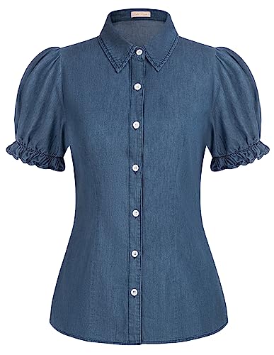 Kurzarm Tops Für Damen Puffärmel Revers Schmale Passform Formelle Sommer T-Shirts XXL Navy Blau von Belle Poque