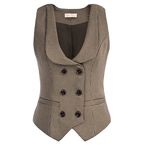 Plus Größe Vintage Plaid Vest Mantel für Frauen Retro Revers Boyfriend Blazer Double Breasted Anzüge Dunkel Braun Chidori-Gitter BP0613-03 XXL von Belle Poque