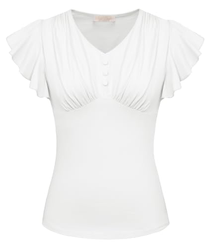 Sommer Tops Baumwoll Shirts lässiges Rüschen Kurzarm Top V Ausschnitt Weiß XXL von Belle Poque