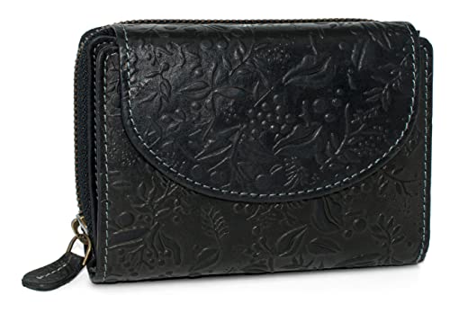 Damen Portemonnaie Echt Leder | Geldbörse mit RFID Schutz | Frauen Geldbeutel mit vielen Kartenfächern | Kompaktes Portmonee (Schwarz Blumenmuster) von BelleBay