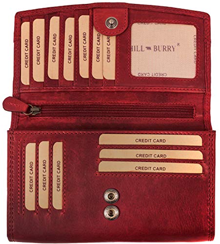 Hill Burry Damen Portemonnaie Leder Groß | Geldbörse Damen Echt Leder XXL | Lange Damenbörse mit vielen Kartenfächer | Vintage Frauen Portmonee mit RFID Schutz (Rot) von BelleBay