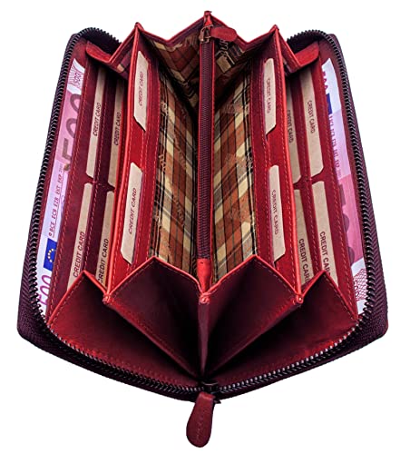 Hill Burry Große Leder Geldbörse | XXL Langes Portemonnaie aus hochwertigem echtem Leder | Vintage Organizer - Portemonee mit Reißverschluss | Kreditkartenetui - RFID Schutz (Rot) von BelleBay