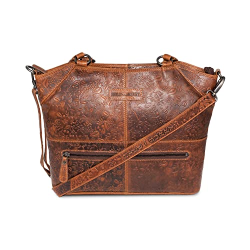 HillBurry Damen Shopper Blumenmuster | Handtasche aus hochwertigem Rindsleder - Vintage Elegante Fashion Bag Beutel | Umhängetaschen Schulterbeutel - Abendtasche | Schultertasche (Braun) von BelleBay