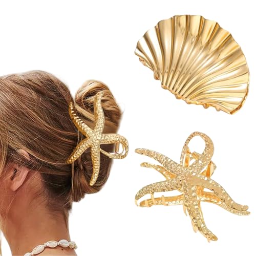 BelleFlair 2 Pcs Seestern Haarklammer Gold, Muschel Haarklammer Groß, Metall Haarspangen Damen, Gold Metal Hair Claw Clips Starfish Seashell von BelleFlair