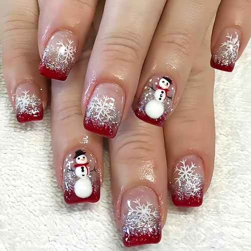 BelleFlair 24 Stück Press on Nails Weihnachten, Kurze Weihnachtsnägel zum Aufkleben mit Glitzer Schneeflocke Design, Künstliche Fingernägel Eckig, Rote French Tips für Frauen Mädchen. von BelleFlair