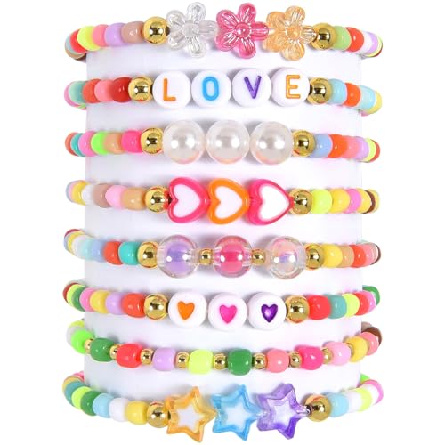 BelleFlair 8 PCS Pack Freundschaftsarmbänder Für Damen & Mädchen, Handgemachtes Buntes Armbänder Set Mit Boho Perlen, Verstellbares Design, Liebesanhänger, Friendship Bracelet Geschenk von BelleFlair