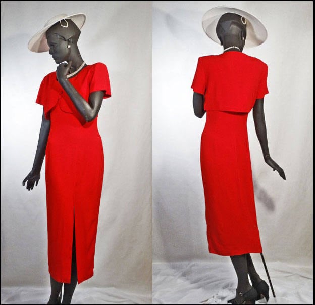 1930Er Jahre Inspiriertes Tageskleid Midi Rot Wiggle Mit Passendem Bolero Gr.6 von BelleJardinieremode