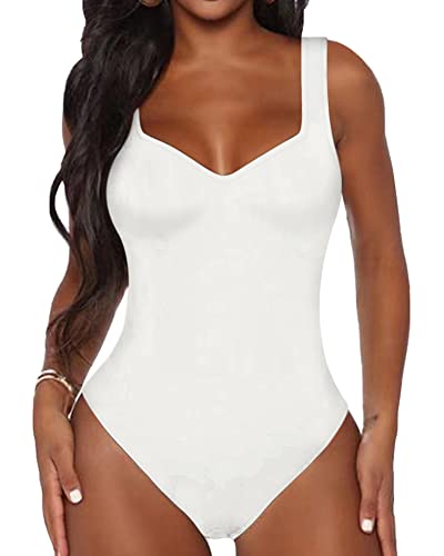 BelleLovin Damen Sweetheart Quadratischer V-Ausschnitt Ärmellos Tank Tops Bodysuits, Weiss/opulenter Garten, XS von BelleLovin