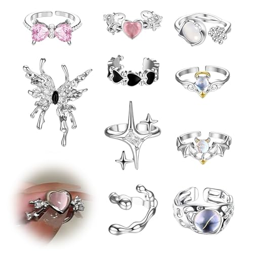 BelleVive 10 Stück Y2K Ringe Verstellbare Ringe Damen Stapelringe Damen Boho Mondsteinring Edelstahl Daumenring Damen Moderinge Damen Set, Unregelmäßige Verstellbare Offene Ringe von BelleVive
