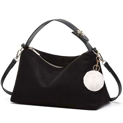 Bellead Handtasche Damen Mittelgroß Umhängetasche Wildleder Crossbody Bag mit Abnehmbar Schulterriemen Schultertasche Damen(Kommt mit einem kostenlosen Plüsch Ball Anhänger) Schwarz von Bellead