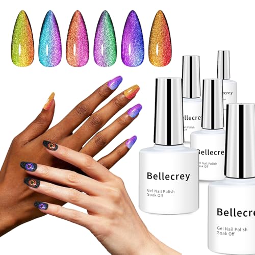 BELLECREY 6 Stück Hochglanz-Glas-Effekt Cat Eye Gel Nagellack Set Holographic Laser Galaxy Magnent Gel Nail Kit 9D Cat Eye Nail Gel Polish DIY Nail Art für Schönheit von Bellecrey