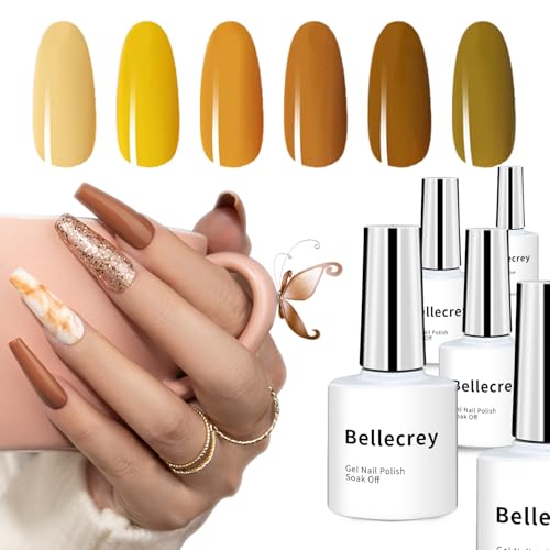 BELLECREY Fall UV-Gel-Nagellack-Set, 6-teilig, Gel-Nagellack, Soak-Off, hellgelber Gel-Nagellack, DIY-Maniküre, braunes Nagelkunst-Set, Kupfer-Nagellack-Set für Frauen von Bellecrey