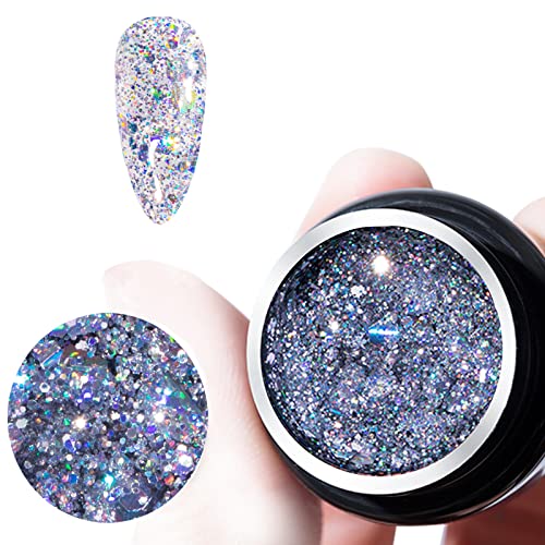 Bellecrey Diamond Glitter Gel Nagellack, UV Holographic Gel Nail Art Polish Sequins Varnish, 8ml Reflective Shiny Diamond Effect Soak Off Gel DIY Nail Art Design für Frauen Mädchen (Silber) von Bellecrey