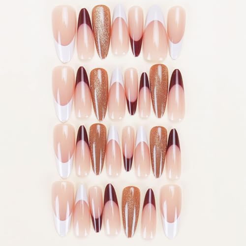 Bellecrey Perfekte handgefertigte French Tip Press on Nails, lange Sarg zum Aufkleben auf künstliche Nägel, Feile und Kleber enthalten, wiederverwendbare künstliche Nägel für Frauen und Ehefrau von Bellecrey