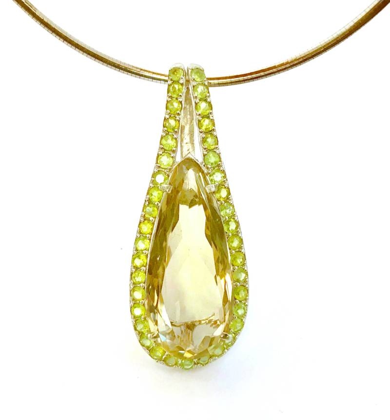 Großer 70 Cts Birnenschliff Citrin Silber Anhänger, Gelber & 39 Rundschliff Grüner Peridot Multi Edelstein 925 von Bellephine