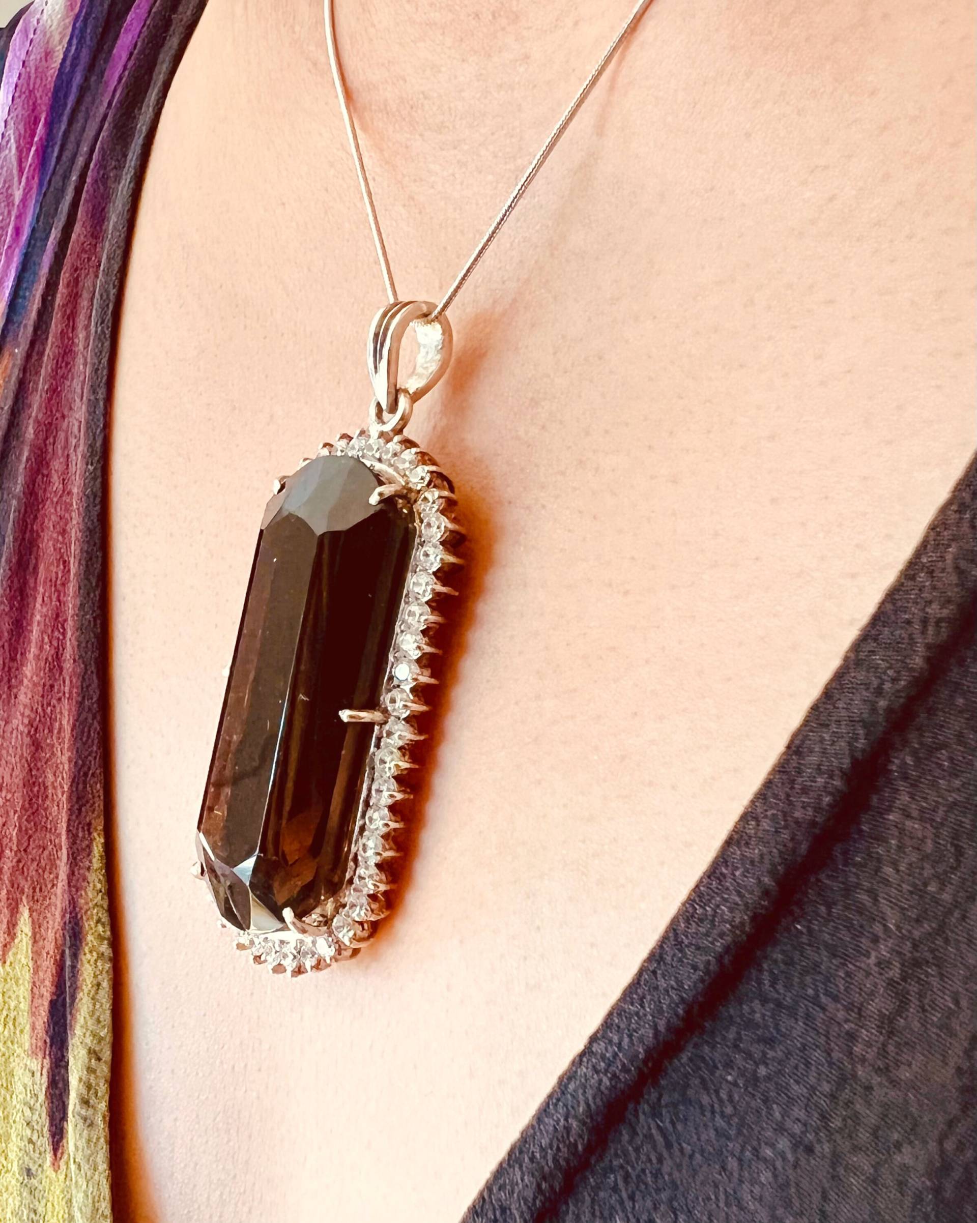 Großer Rauchquarz Und Moissanit Silber Anhänger, Anhänger Im Oktagon Schliff, Brauner Edelstein von Bellephine