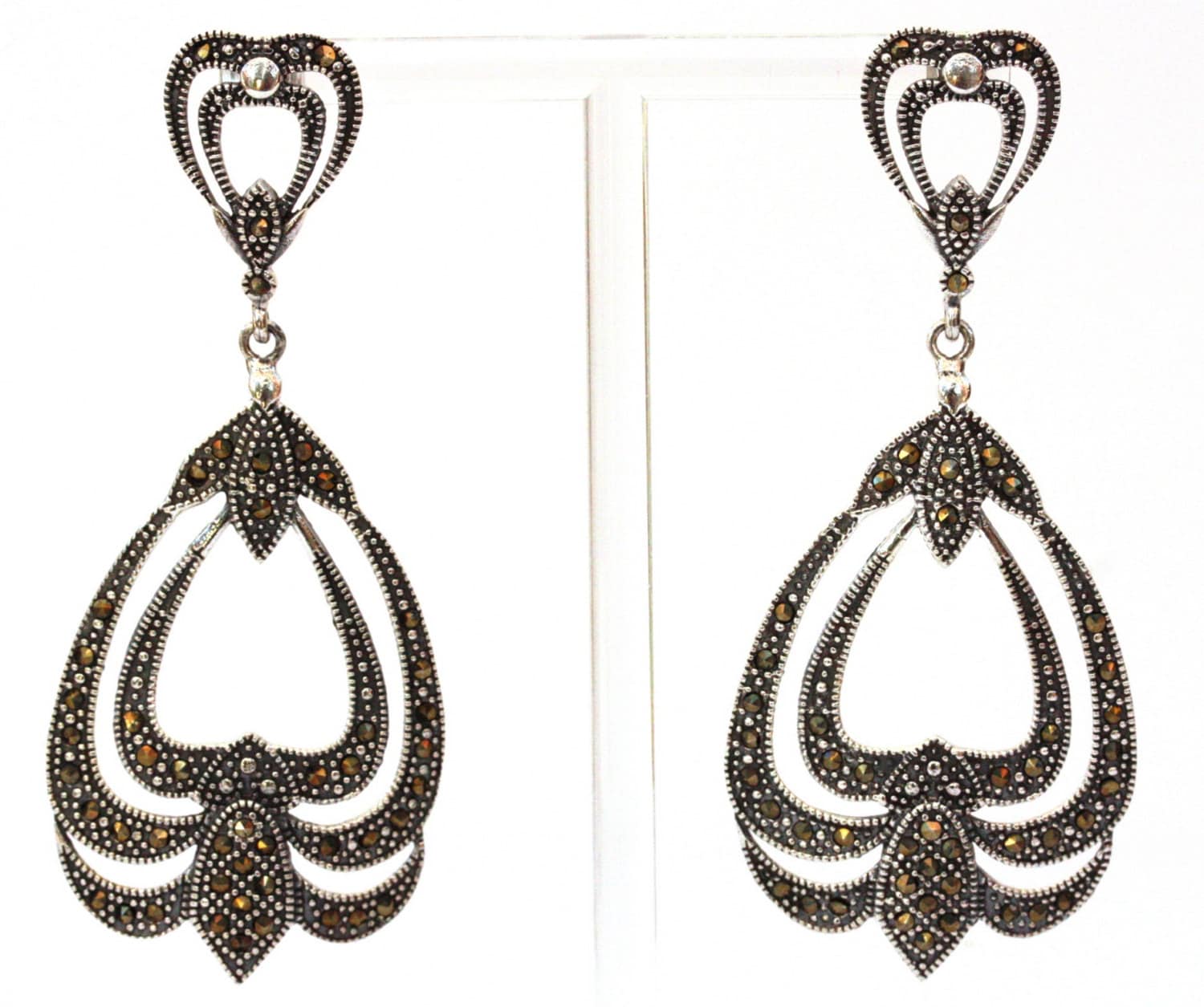 Lange Markasit Ohrringe, Haken Ohrringe in 925 Sterling Silber von Bellephine