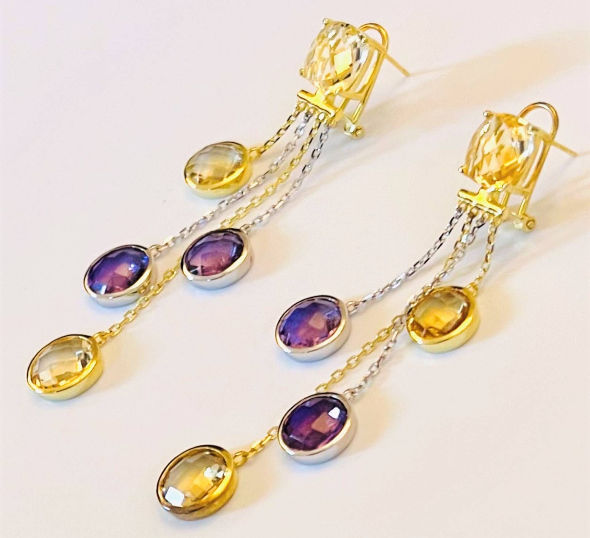 Lange Multi-Edelstein-Tropfen-Ohrringe, Amethyst Und Citrin, Lila Gelbe Steine, Sterlingsilber Mit 18 Karat Gold Überzogen, 65 Mm Tropfen von Bellephine