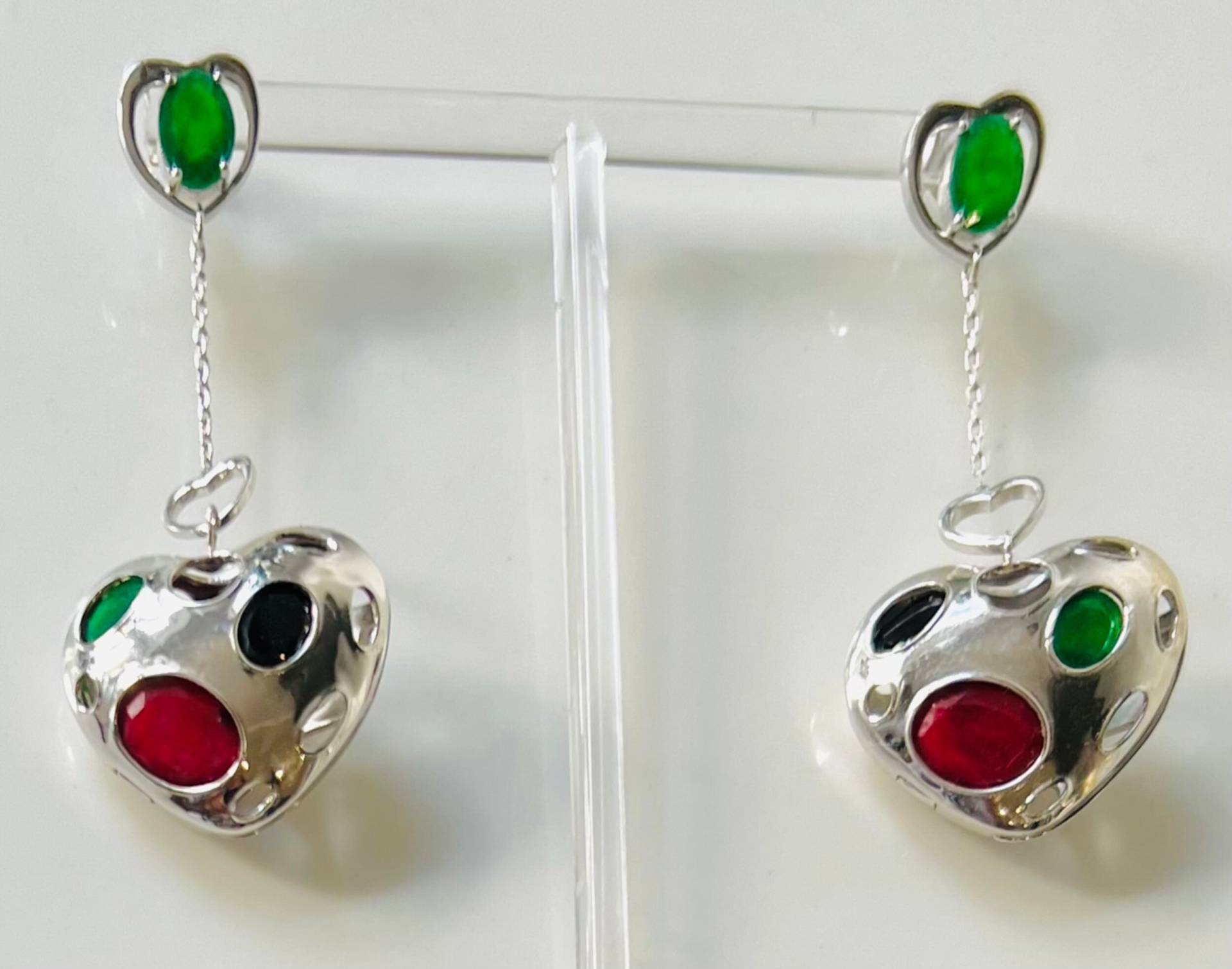 Lange Tropfen Baumeln Herz Silber Ohrringe, Multi Edelstein Ohrringe Aus Rotem Rubin Schwarz Spinell Grüne Jade, 925 Rhodiniert, 70 Mm von Bellephine