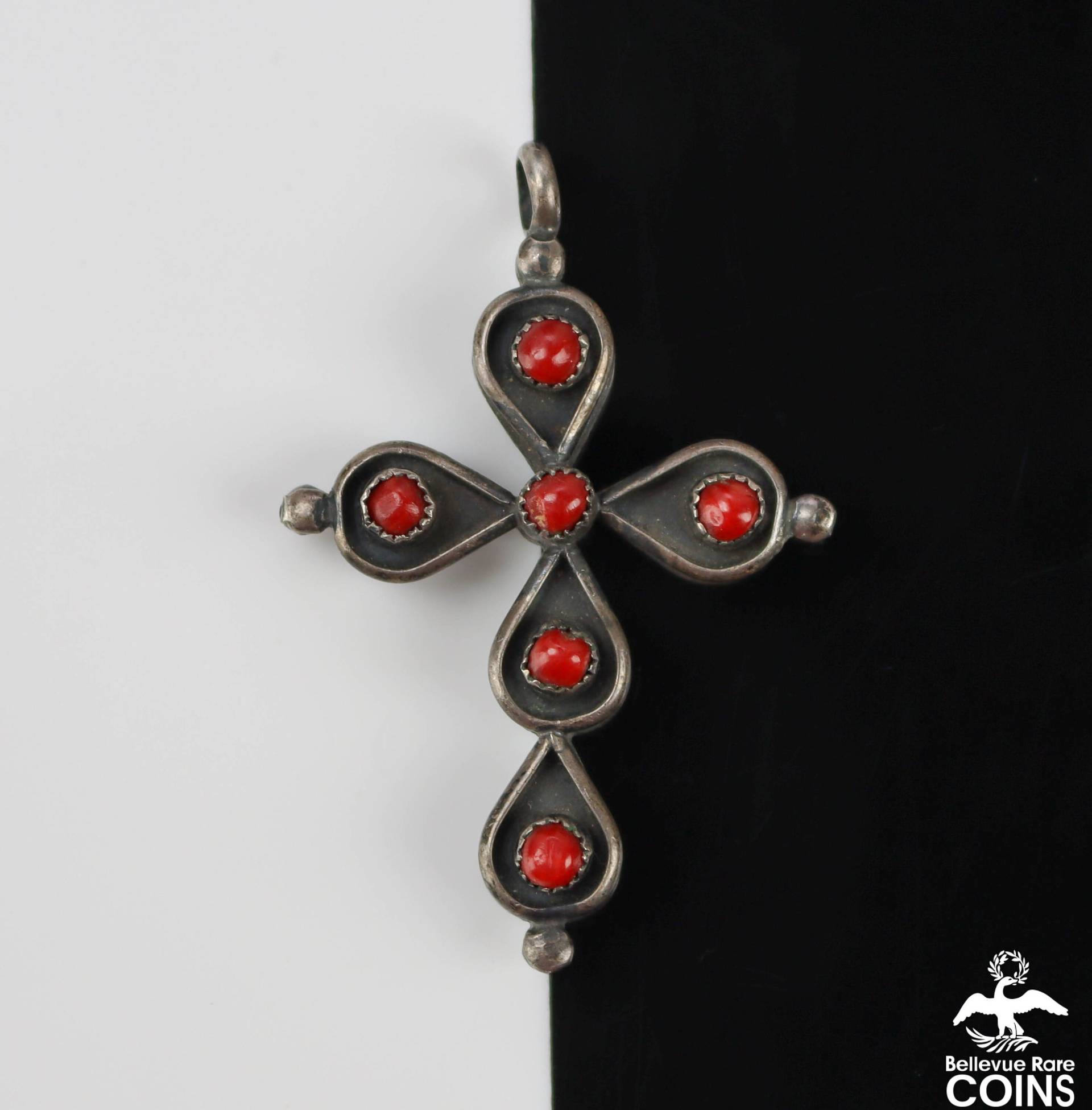 Vintage Südwestlichen Rote Koralle & Türkis Doppelseitig Silber Kreuz Anhänger von BellevueRareCoins