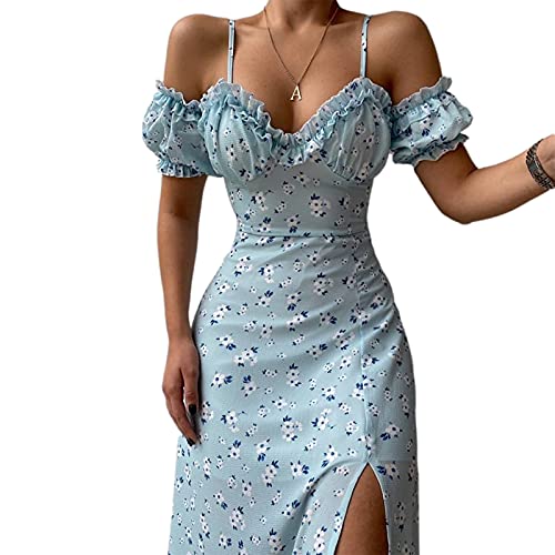 Bellezasourire Damen Casual Kurzarm Kleid Mode Blumen V Ausschnitt Split Mittellanges Schlauchoberteil Floral Sling Kleid Kleid (L, Hellblau) von Bellezasourire