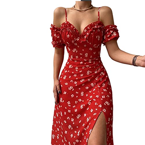 Bellezasourire Damen Casual Kurzarm Kleid Mode Blumen V Ausschnitt Split Mittellanges Schlauchoberteil Floral Sling Kleid Kleid (XXL, Rot) von Bellezasourire