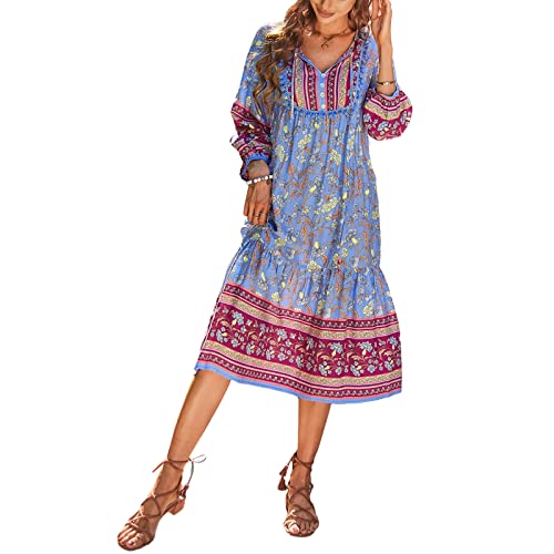 Bellezasourire Damen Elegant Langarm Sommerkleider Boho Tunika Vintage Blumendruck Bindeknopf V Ausschnitt Blumenkleid Maxi Kleider HerbstFreizeitkleider(L,Blau B) von Bellezasourire