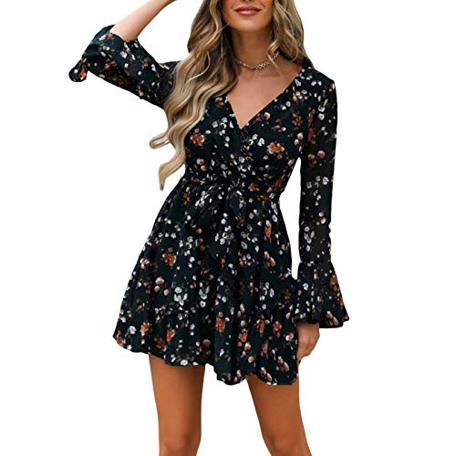 Bellezasourire Damen Kleid Elegant Langarm Blumen Kleider mit Blumen Punktmuster lässiges V-Ausschnitt Kurz Knielang Partykleid Casual für Herbst Frühling (L, Schwarz mit Blumenmuster) von Bellezasourire