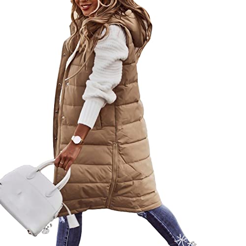 Bellezasourire Damen Lange Jacke Weste Ärmellose Daunenweste Kapuzenweste Lange Steppweste Winteroberbekleidung Reißverschluss Mantel Outdoor Pufferweste Oberbekleidung(L,Khaki A) von Bellezasourire