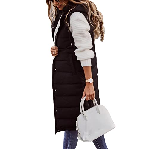 Bellezasourire Damen Lange Jacke Weste Ärmellose Daunenweste Kapuzenweste Lange Steppweste Winteroberbekleidung Reißverschluss Mantel Outdoor Pufferweste Oberbekleidung(L,Schwarz A) von Bellezasourire