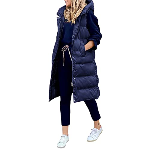 Bellezasourire Damen Lange Jacke Weste Ärmellose Daunenweste Kapuzenweste Lange Steppweste Winteroberbekleidung Reißverschluss Mantel Outdoor Pufferweste Oberbekleidung(S,Tief blau) von Bellezasourire