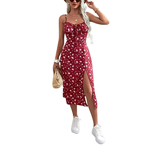 Bellezasourire Damen Sommer Casual Kleid Lang Kleider Spaghettiträger ärmelloser mit hohem Schlitz Kleid Sexy Maxikleid Strandkleid Cocktailkleid Blumendruck Partykleid(L,Rot geblümt) von Bellezasourire