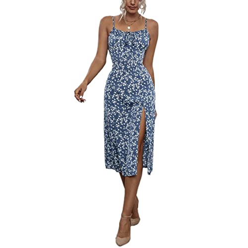 Bellezasourire Damen Sommer Casual Kleid Lang Kleider Spaghettiträger ärmelloser mit hohem Schlitz Kleid Sexy Maxikleid Strandkleid Cocktailkleid Blumendruck Partykleid(M,Blau geblümt) von Bellezasourire