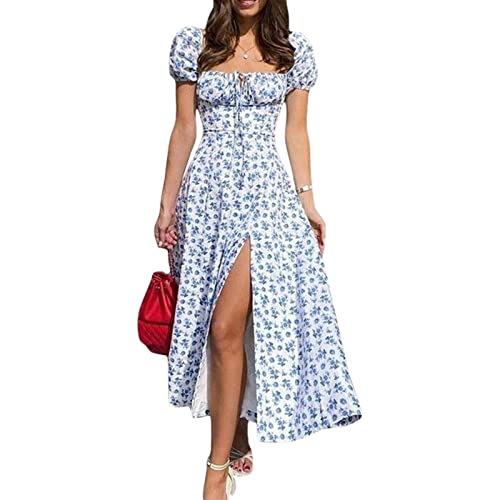 Bellezasourire Damen Sommer Casual Kleid Lang Kleider Spaghettiträger ärmelloser mit hohem Schlitz Kleid Sexy Maxikleid Strandkleid Cocktailkleid Blumendruck Partykleid (M,Blau D) von Bellezasourire