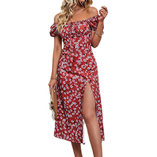 Bellezasourire Damen Sommer Casual Kleid Lang Kleider Spaghettiträger ärmelloser mit hohem Schlitz Kleid Sexy Maxikleid Strandkleid Cocktailkleid Blumendruck Partykleid (Weinrot B,S) von Bellezasourire