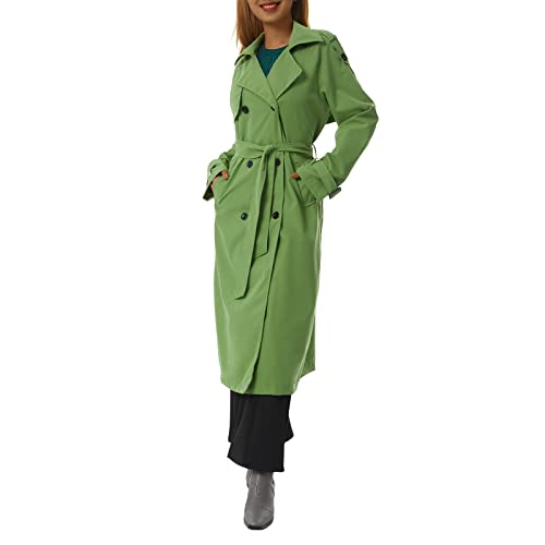 Bellezasourire Damen Trenchcoat Zweireiher Langer Mantel Damen Oversized Trenchcoat Lang Leicht Parka Jacke mit Gürtel Gehschlitz Winddichter Mantel Klassische Herbst Frühling Jacke (L, Armeegrün) von Bellezasourire