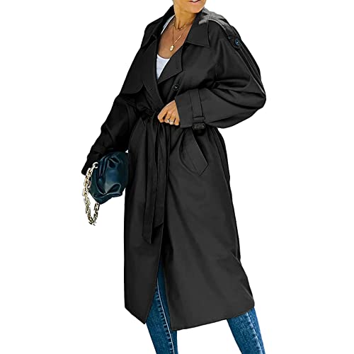 Bellezasourire Damen Trenchcoat Zweireiher Langer Mantel Damen Oversized Trenchcoat Lang Leicht Parka Jacke mit Gürtel Gehschlitz Winddichter Mantel Klassische Herbst Frühling Jacke (S, Schwarz) von Bellezasourire