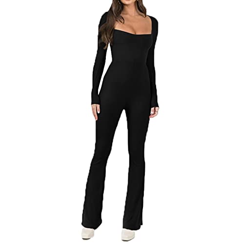 Bellezasourire Damen Yoga Jumpsuits Workout Gerippte Strick Langarm Workout Sport Jumpsuits Eckigem Ausschnitt Figurbetontem Overall Einteiligem (Schwarz F,S) von Bellezasourire