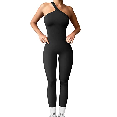 Bellezasourire Jumpsuit Sommer Damen Yoga Schräge Schult Jumpsuits Gerippte Strick ärmellos Sport Spielanzug Figurbetontem Overall Einteiligem (Schwarz, S) von Bellezasourire