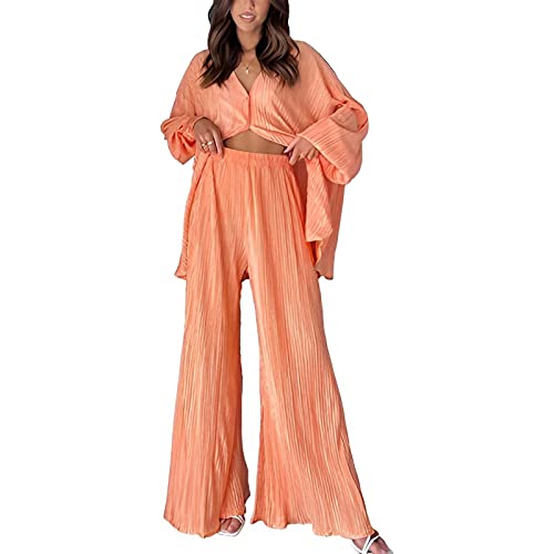 Bellezasourire Zweiteiler Damen Sommer Loungewear Set Elegant Hosenanzug Kurzarmshirt + Einfarbige Freizeithose Weite Hose Herbst Outfit Casual Streetwear Trainingsanzug (B-Orange, XL) von Bellezasourire